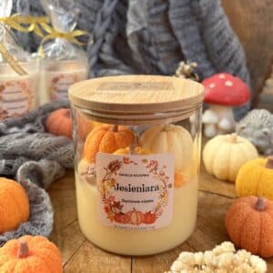 Świeca sojowa z dyniami pumpkin z bambusowym wieczkiem 300g
