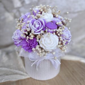 Flowerbox ze świec sojowych – Biel i Liliowy Fiolet